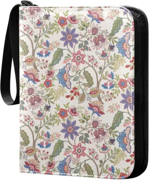 Exnundod Fantasy Flowers Embroidery Trading Card Binder for Cards, Vintage Floral Colorful Card Album 4-Pockets for 400 Cards with Removable Sleeves PU Baseball Card Holder Football Sports Card Colle