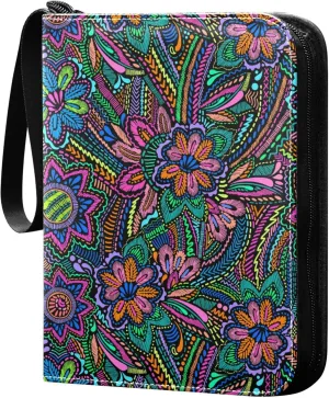 Exnundod Floral Embroidery Ethnic Trading Card Binder for Cards, Vintage Flower Colorful Card Album 4-Pockets for 400 Cards with Removable Sleeves PU Baseball Card Holder Football Sports Card Collect