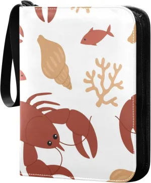 Exnundod Sport Card Binder Cute Red Lobsters Seaweed 4 Pocket Trading Card Binder PU Leather Card Collection Shells and Fish 400 Cards Organizer Trading Card Albums for Sports Game Card
