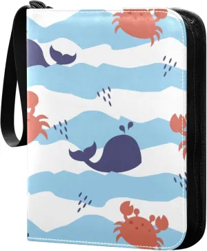 Exnundod Sport Card Binder Fishes Crab Waves 4 Pocket Trading Card Binder PU Leather Card Collection Underwater 400 Cards Organizer Trading Card Albums for Sports Game Card