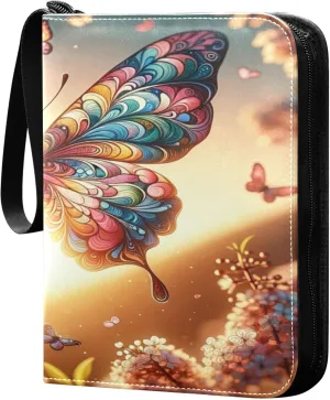Exnundod Vintage Colorful Butterfly Trading Card Binder for Cards, Magical Spring Insect Card Album 4-Pockets for 400 Cards with Removable Sleeves PU Baseball Card Holder Football Sports Card Collect