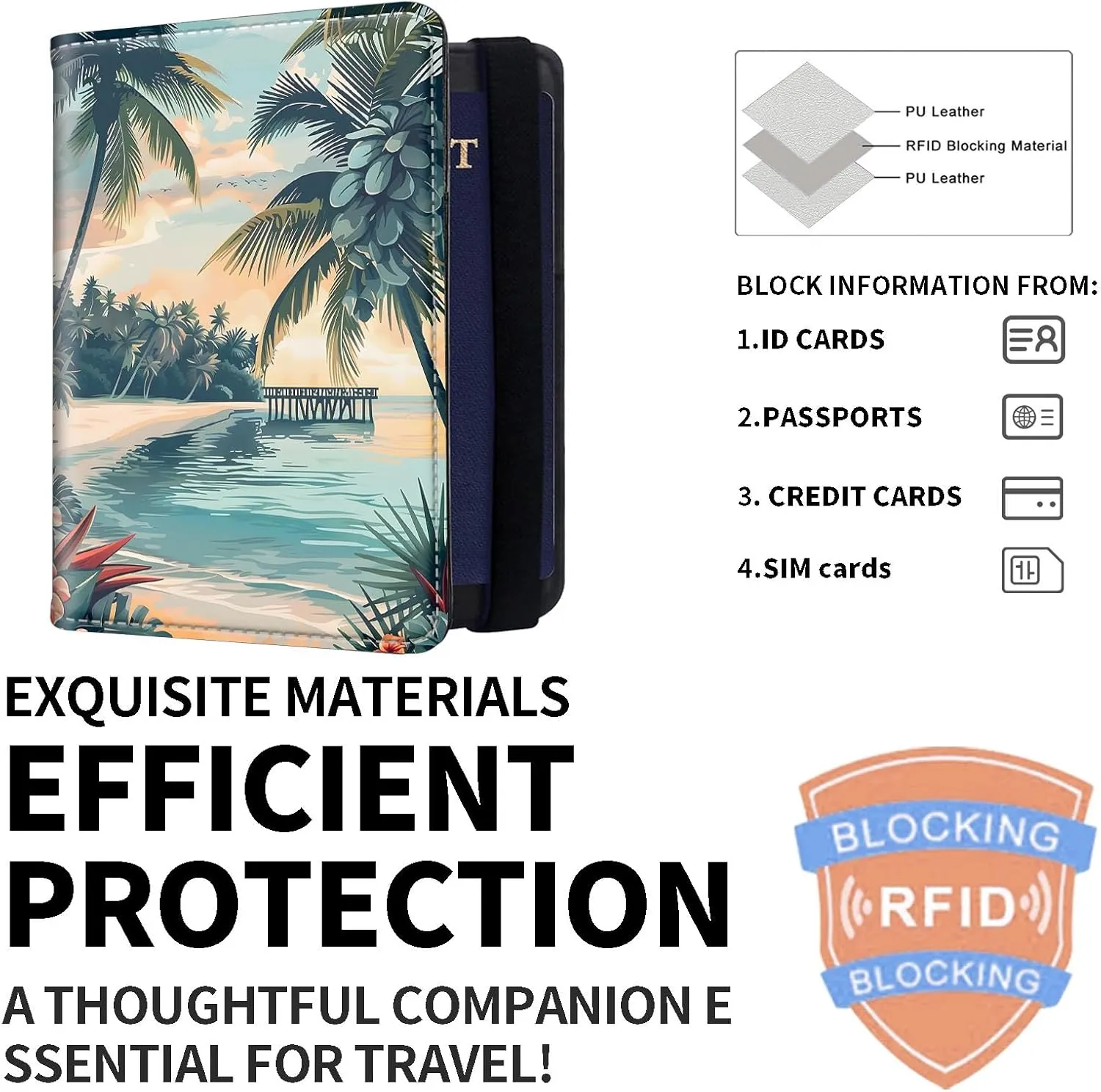 Exquisite Passport Holder for Travel Accessory, Leather Passport Cover with Space for Documents and Family Photos, Travel Passport Wallet for Women and Men Pattern Design(Coconut Beach)