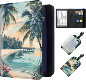 Exquisite Passport Holder for Travel Accessory, Leather Passport Cover with Space for Documents and Family Photos, Travel Passport Wallet for Women and Men Pattern Design(Coconut Beach)