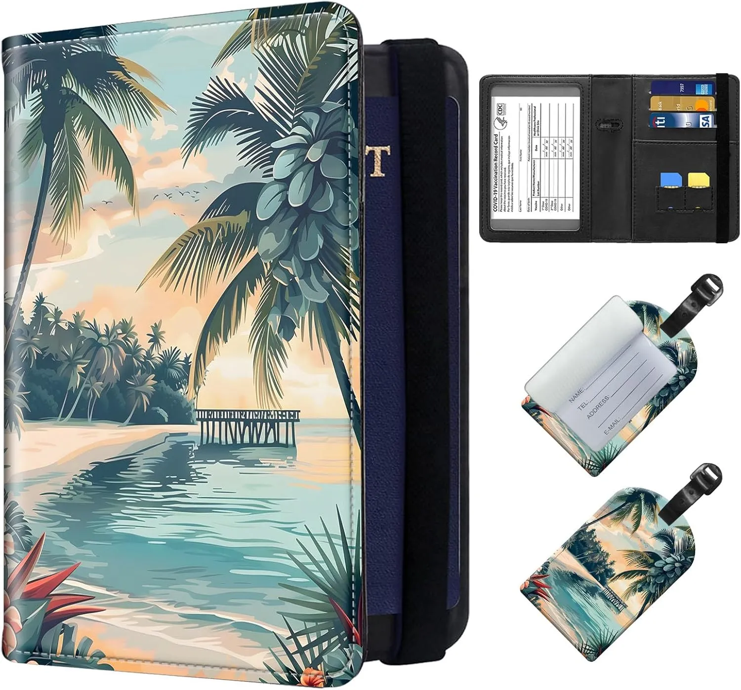 Exquisite Passport Holder for Travel Accessory, Leather Passport Cover with Space for Documents and Family Photos, Travel Passport Wallet for Women and Men Pattern Design(Coconut Beach)