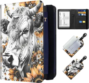 Exquisite Passport Holder for Travel Accessory, Leather Passport Cover with Space for Documents and Family Photos, Travel Passport Wallet for Women and Men Pattern Design(Flower Cow)