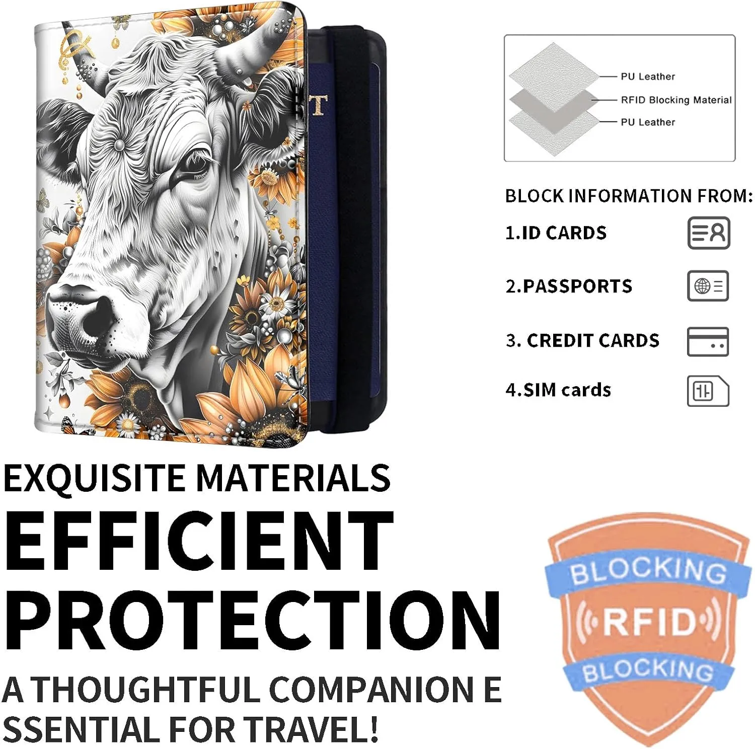 Exquisite Passport Holder for Travel Accessory, Leather Passport Cover with Space for Documents and Family Photos, Travel Passport Wallet for Women and Men Pattern Design(Flower Cow)