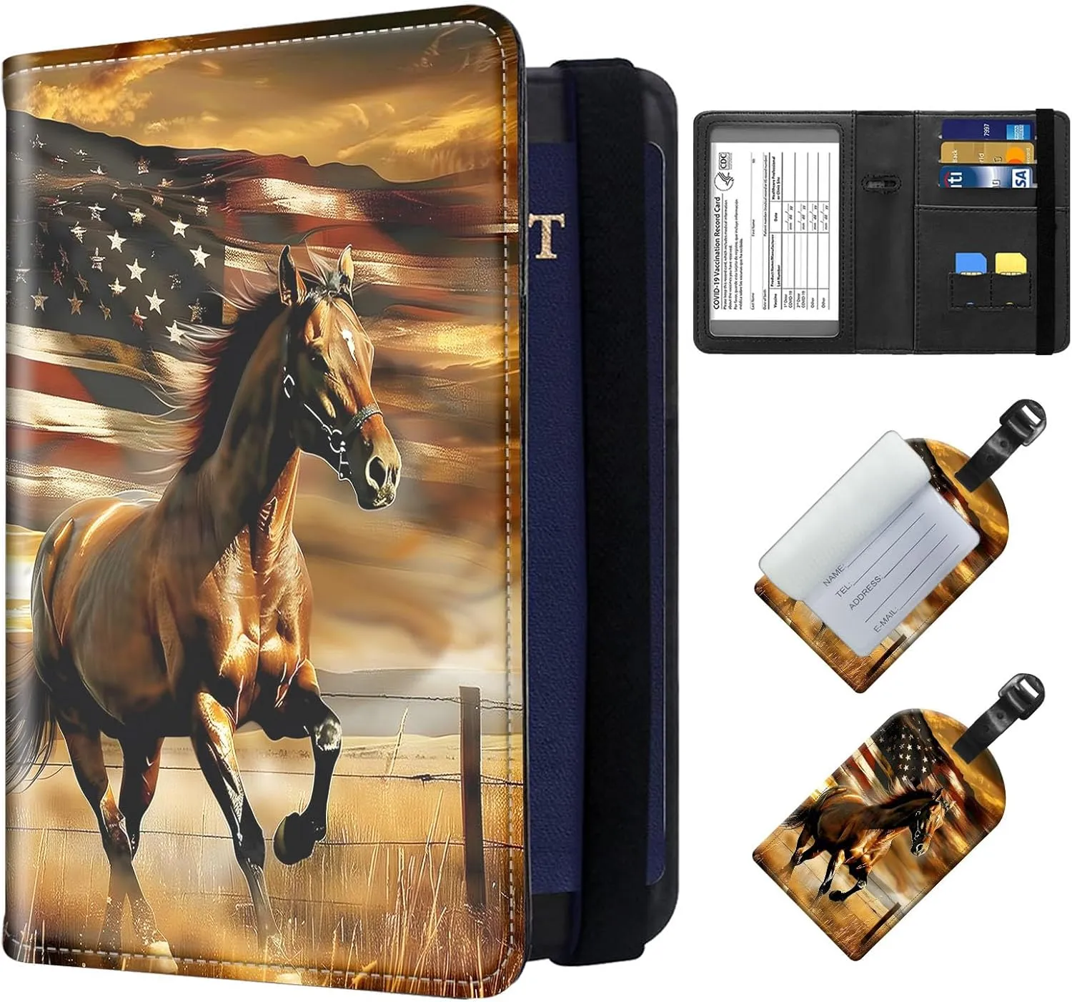 Exquisite Passport Holder for Travel Accessory, Leather Passport Cover with Space for Documents and Family Photos, Travel Passport Wallet for Women and Men Pattern Design(Horse American Flag)