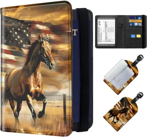 Exquisite Passport Holder for Travel Accessory, Leather Passport Cover with Space for Documents and Family Photos, Travel Passport Wallet for Women and Men Pattern Design(Horse American Flag)
