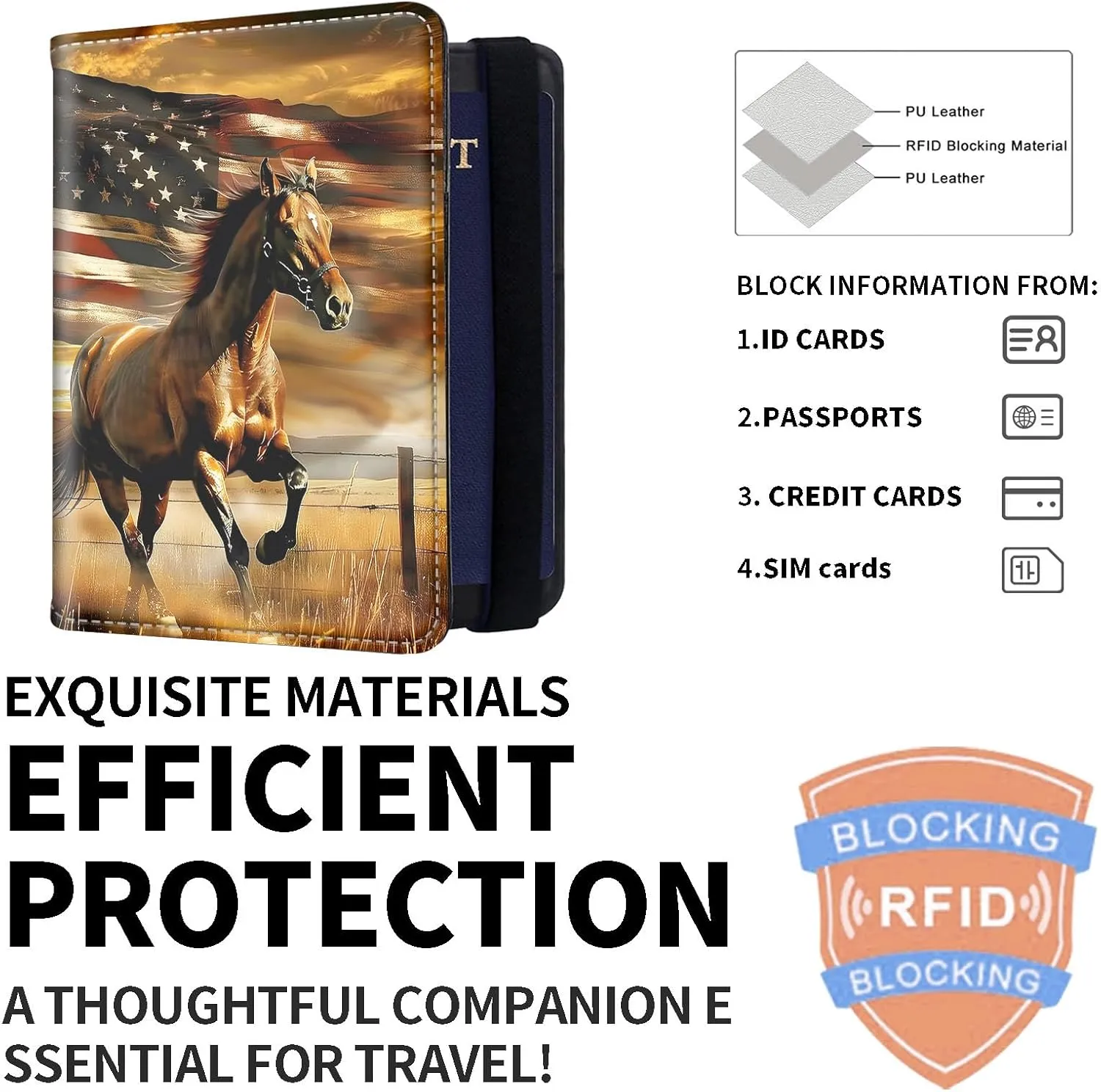 Exquisite Passport Holder for Travel Accessory, Leather Passport Cover with Space for Documents and Family Photos, Travel Passport Wallet for Women and Men Pattern Design(Horse American Flag)