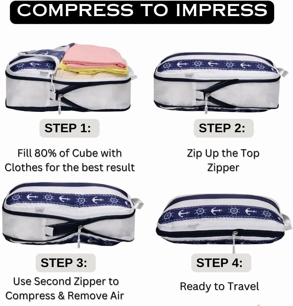 Extra Large Compression Packing Cubes for Checked Luggage, Lightweight Suitcase Organizers & Space Saver Bags - Travel Cubes for Packing - Travel Essentials - 2 Piece Set, X-Large - Navy Anchor