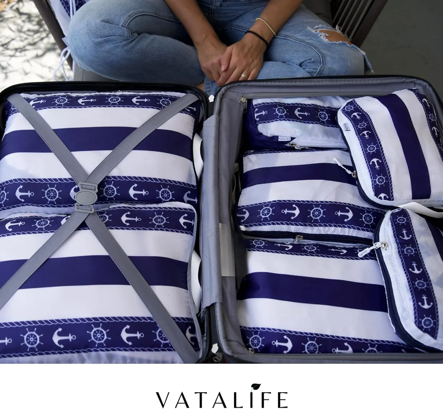 Extra Large Compression Packing Cubes for Checked Luggage, Lightweight Suitcase Organizers & Space Saver Bags - Travel Cubes for Packing - Travel Essentials - 2 Piece Set, X-Large - Navy Anchor