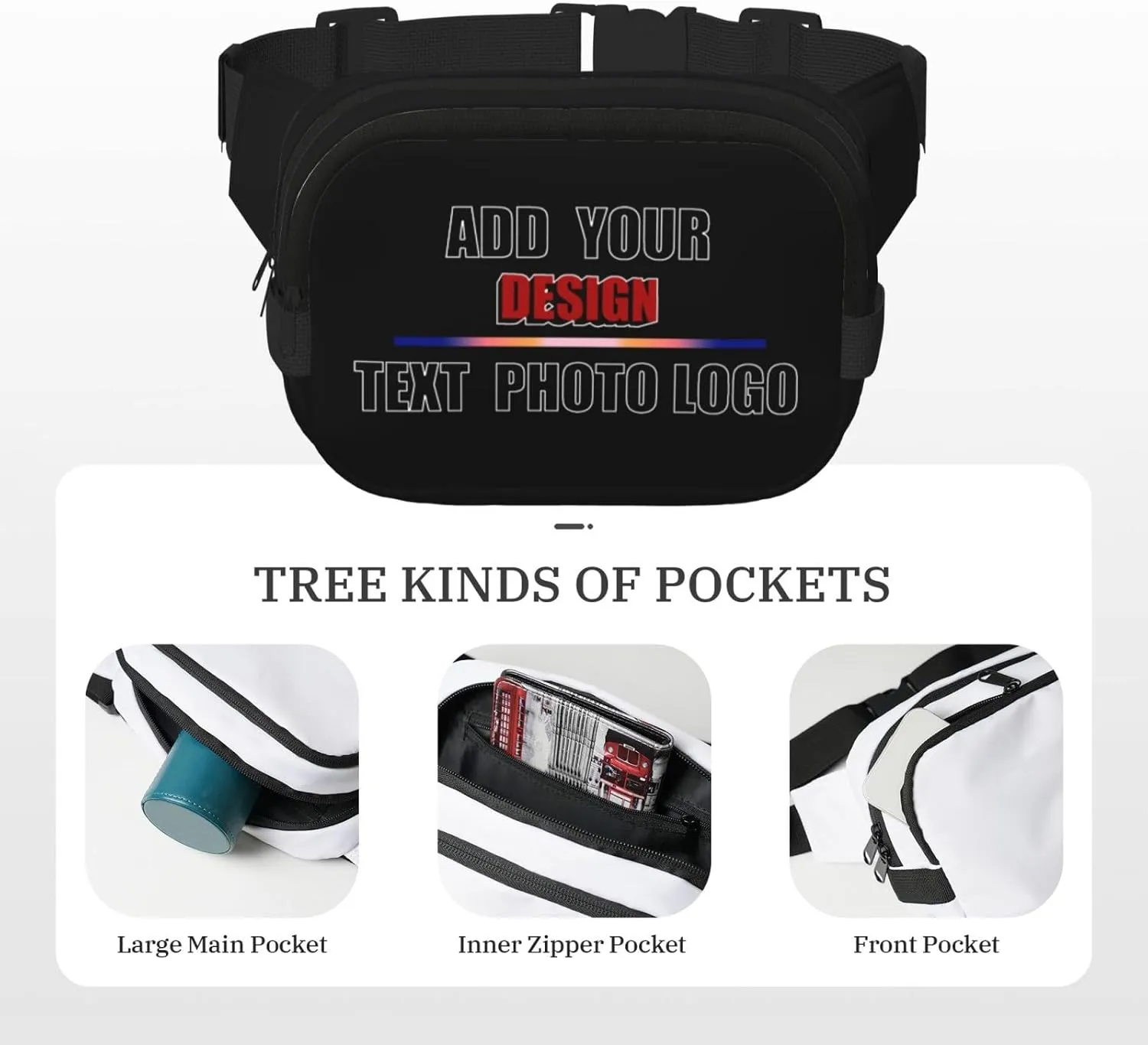 Fanny Pack for Men Women Personalized Belt Bag with Photo Text Logo Hiking Running Gym Travel Essentials