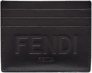 FENDI Roma Black Calfskin Leather Embossed Logo Card Case Wallet 7M0164