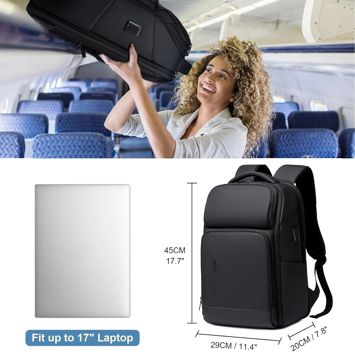 FENRUIEN Business Laptop Backpack 17 Inch, Water Resistant Computer Backpack with Charger, Black Travel Backpack Laptop Bag for Men