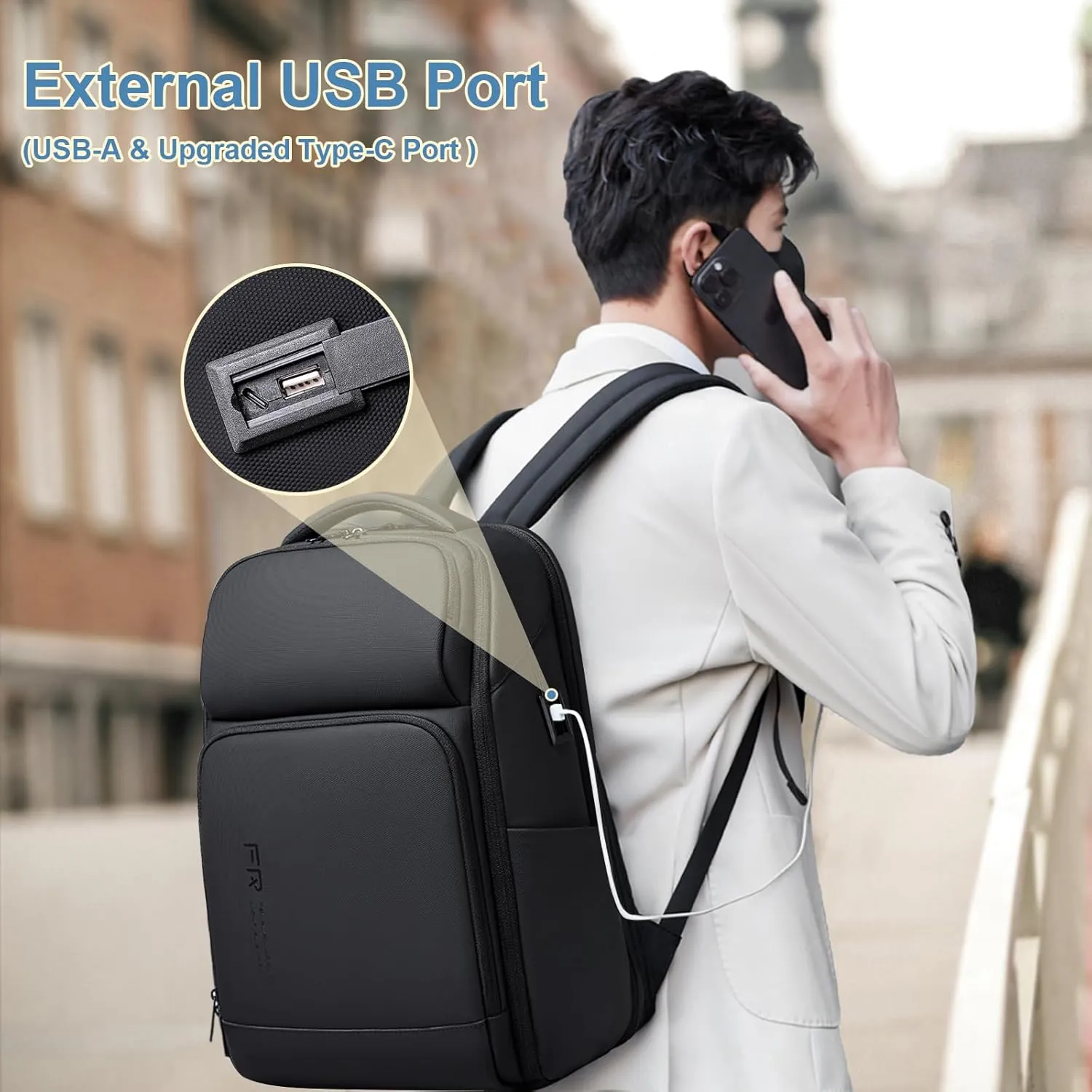 FENRUIEN Business Laptop Backpack 17 Inch, Water Resistant Computer Backpack with Charger, Black Travel Backpack Laptop Bag for Men