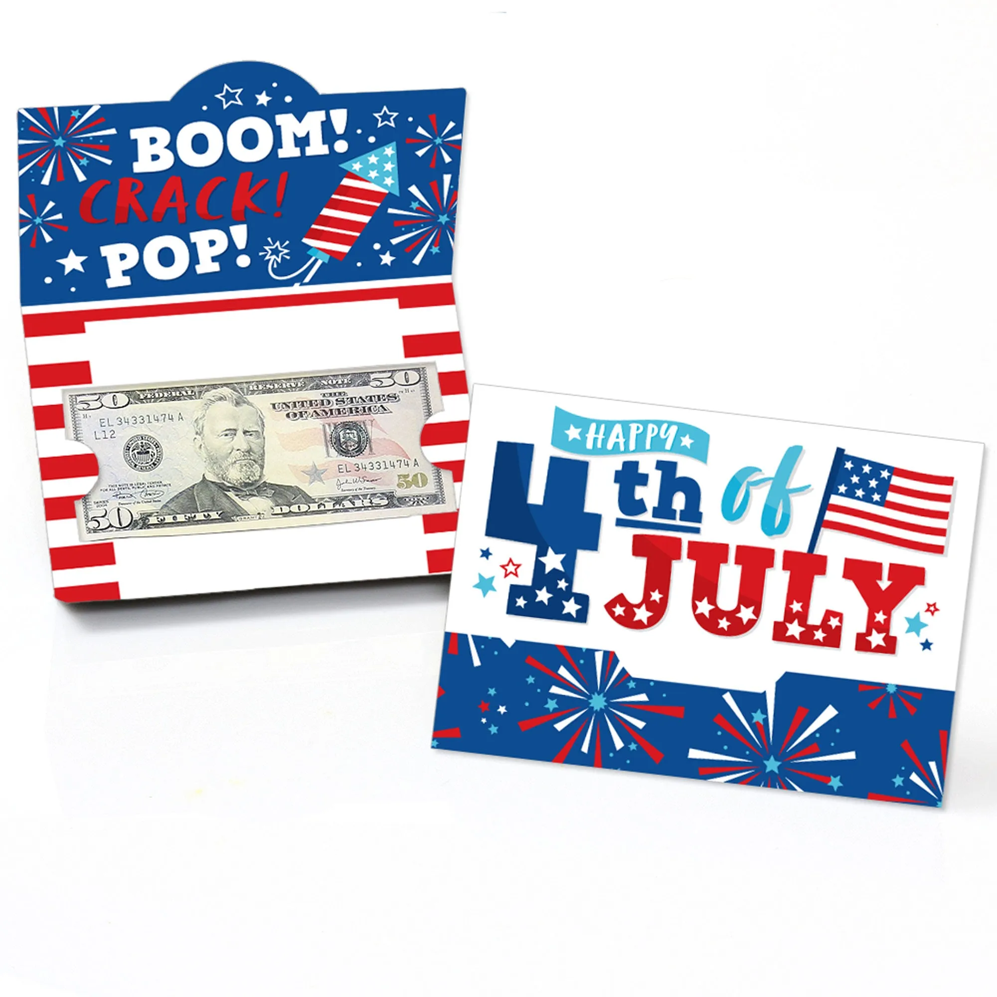 Firecracker 4th of July - Red, White and Royal Blue Party Money and Gift Card Holders - Set of 8