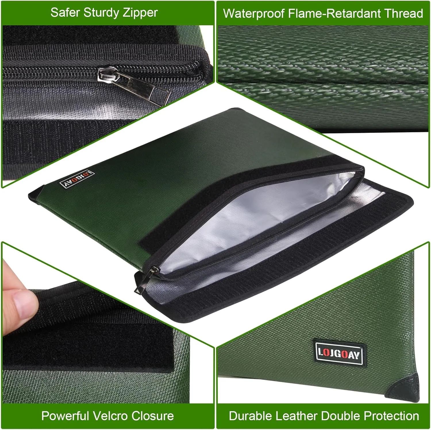 Fireproof Document Bag - with 5200°F Heat Insulated, Waterproof Fireproof Bag with Zipper, Fireproof Money Bag for Cash/Documents/Valuables, Fire bag (Green, 11"x7.7")