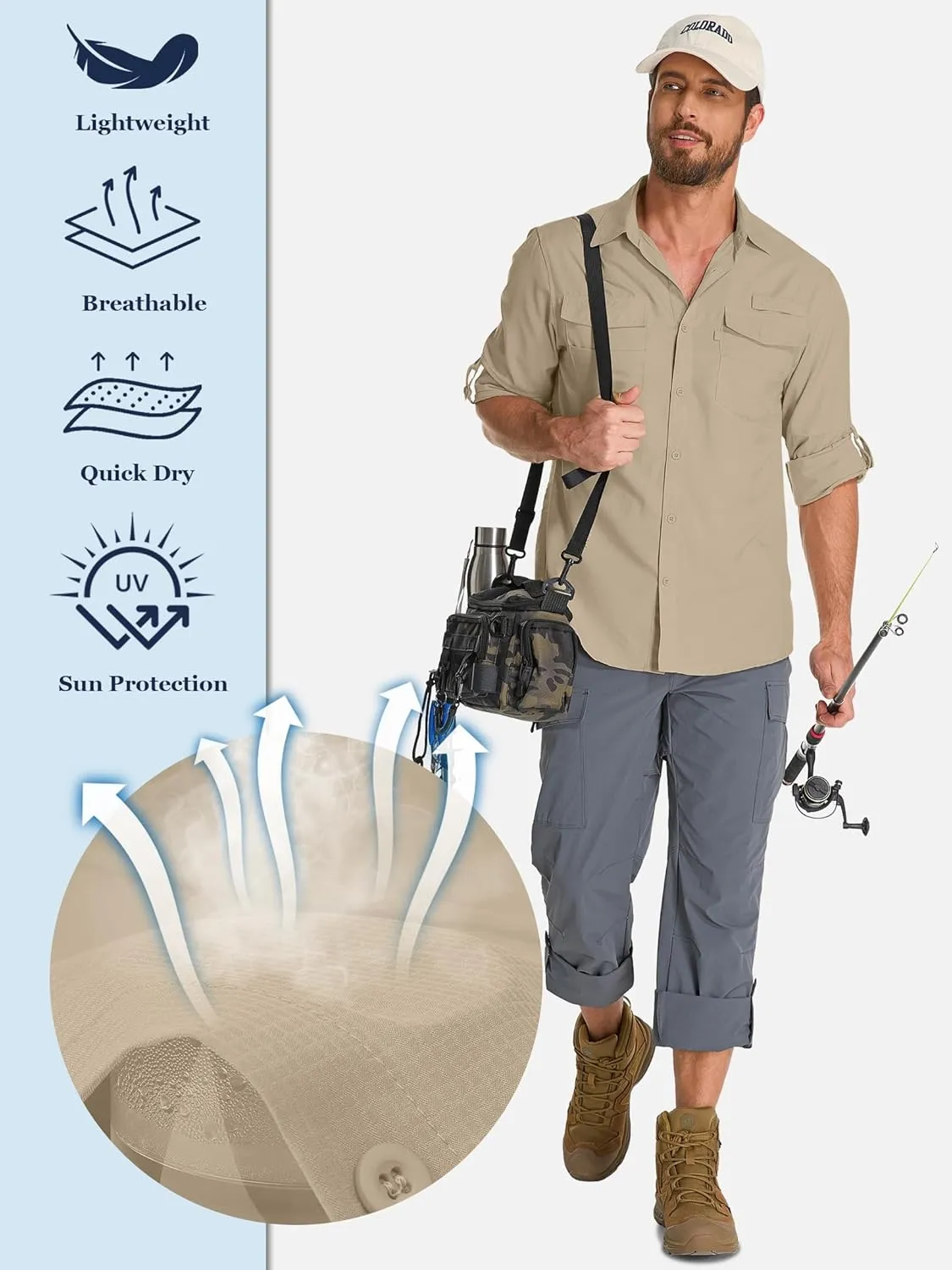 Fishing Shirts for Men, Sun Protection Long Sleeve Hiking Outdoor UV Shirt Quick Dry UPF 50  for Travel Safari Camping