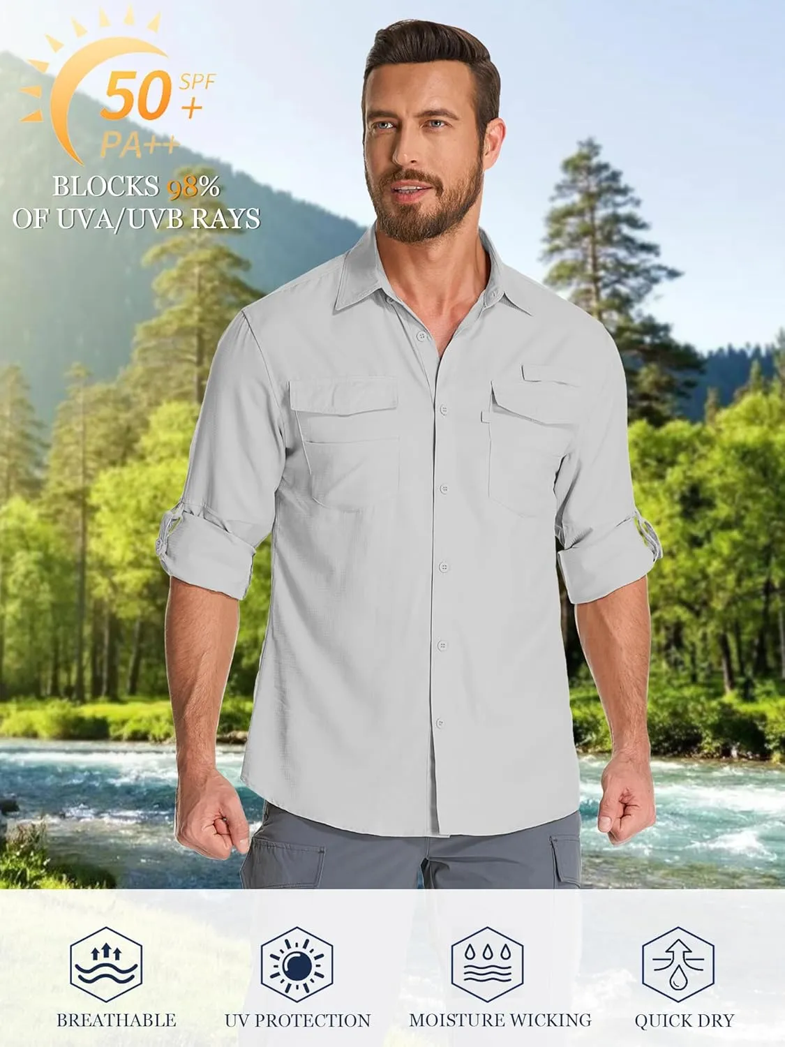 Fishing Shirts for Men, Sun Protection Long Sleeve Hiking Outdoor UV Shirt Quick Dry UPF 50  for Travel Safari Camping
