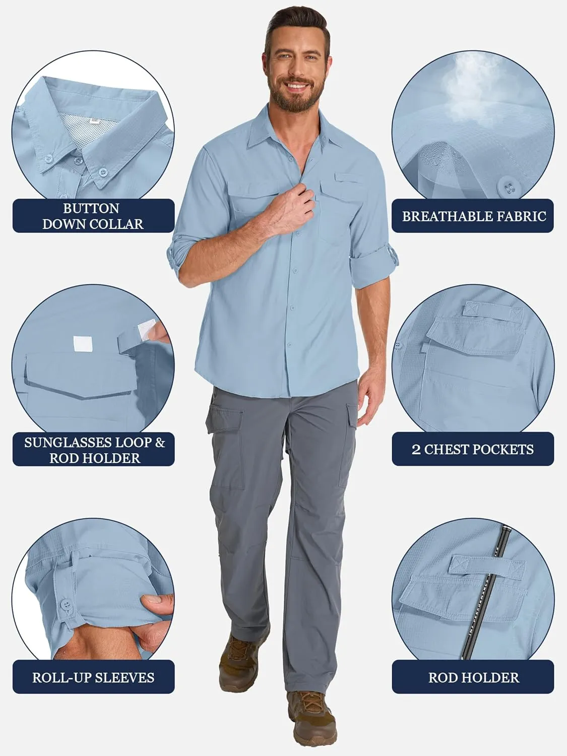 Fishing Shirts for Men, Sun Protection Long Sleeve Hiking Outdoor UV Shirt Quick Dry UPF 50  for Travel Safari Camping
