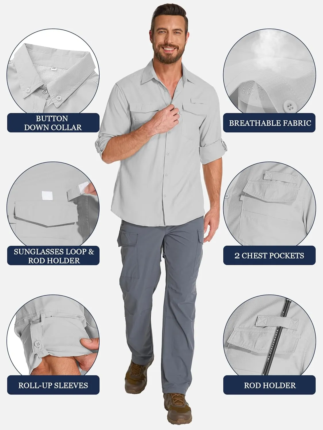 Fishing Shirts for Men, Sun Protection Long Sleeve Hiking Outdoor UV Shirt Quick Dry UPF 50  for Travel Safari Camping