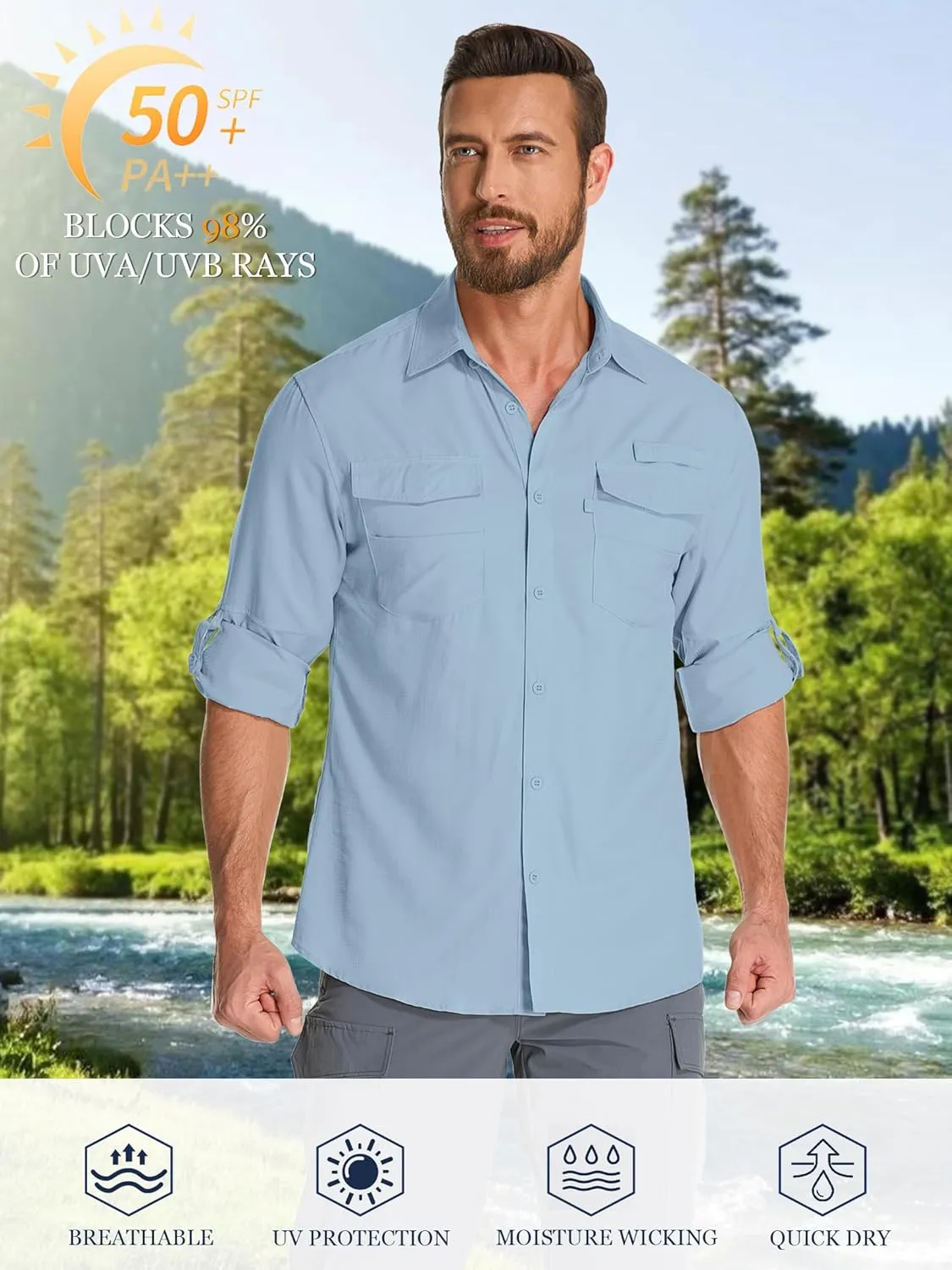 Fishing Shirts for Men, Sun Protection Long Sleeve Hiking Outdoor UV Shirt Quick Dry UPF 50  for Travel Safari Camping