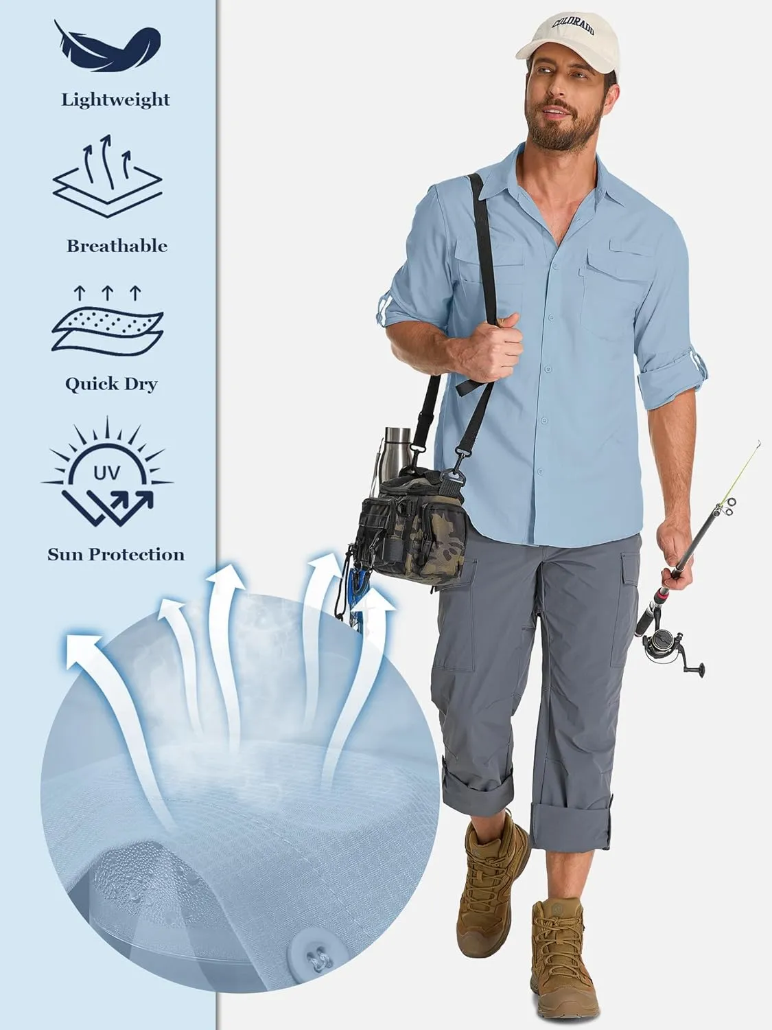 Fishing Shirts for Men, Sun Protection Long Sleeve Hiking Outdoor UV Shirt Quick Dry UPF 50  for Travel Safari Camping