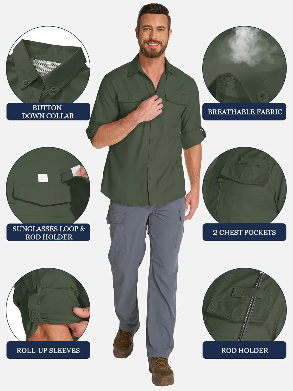 Fishing Shirts for Men, Sun Protection Long Sleeve Hiking Outdoor UV Shirt Quick Dry UPF 50  for Travel Safari Camping