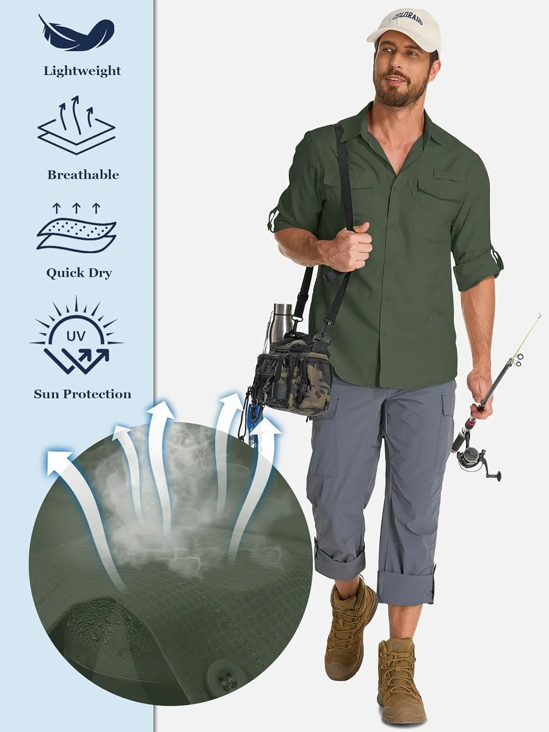 Fishing Shirts for Men, Sun Protection Long Sleeve Hiking Outdoor UV Shirt Quick Dry UPF 50  for Travel Safari Camping