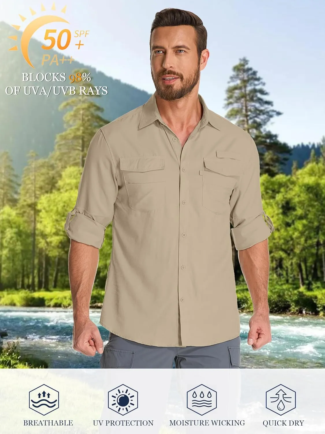 Fishing Shirts for Men, Sun Protection Long Sleeve Hiking Outdoor UV Shirt Quick Dry UPF 50  for Travel Safari Camping