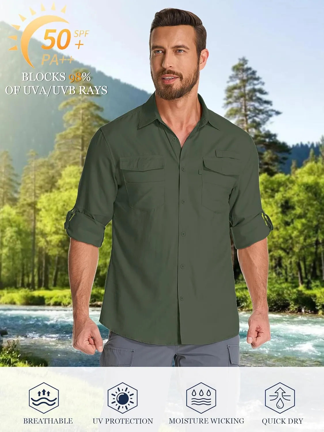 Fishing Shirts for Men, Sun Protection Long Sleeve Hiking Outdoor UV Shirt Quick Dry UPF 50  for Travel Safari Camping