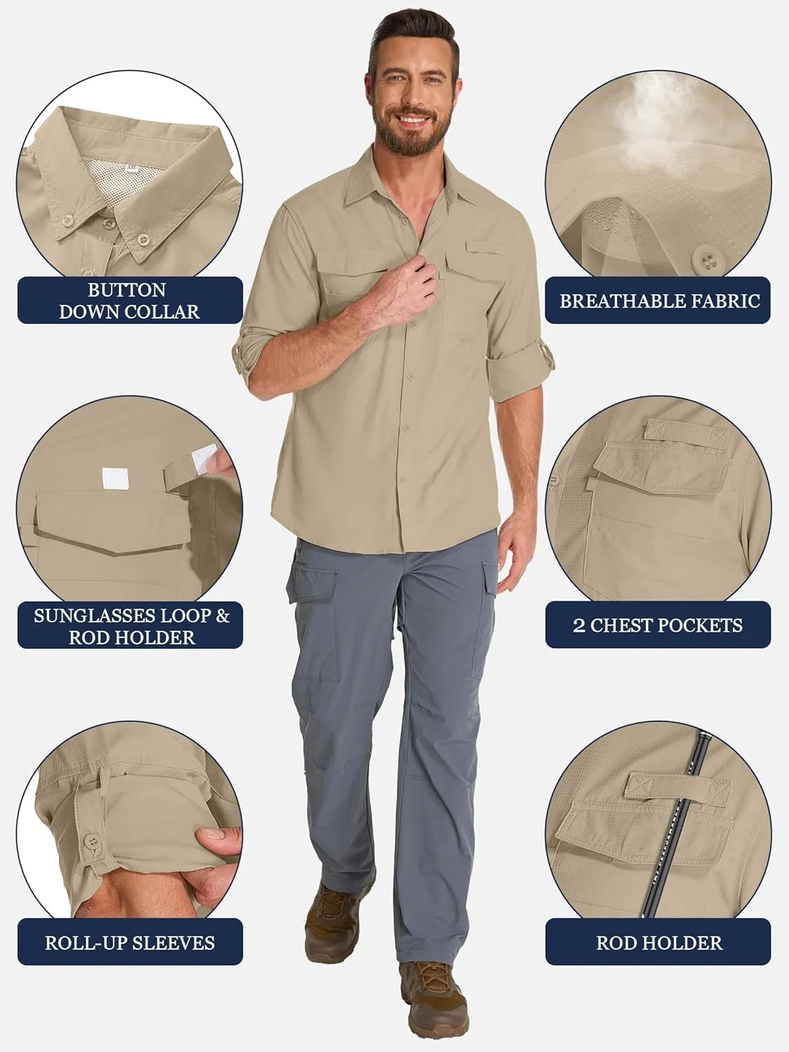 Fishing Shirts for Men, Sun Protection Long Sleeve Hiking Outdoor UV Shirt Quick Dry UPF 50  for Travel Safari Camping