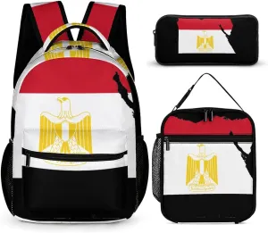 Flag of Egypt Map Backpack Set 3 Pieces Laptop Daypack Insulated Lunch Tote Bag Pencil Case for Work Travel