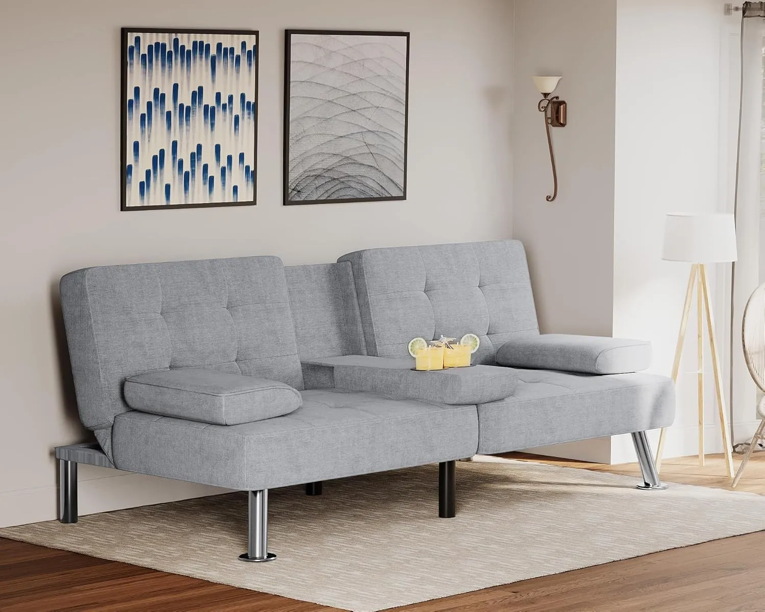 Flamaker Futon Sofa Bed Modern Folding Futon Set Linen Fabric Convertible Recliner Lounge for Living Room with 2 Cup Holders, Removable Armrests (Fabric, Light Grey)