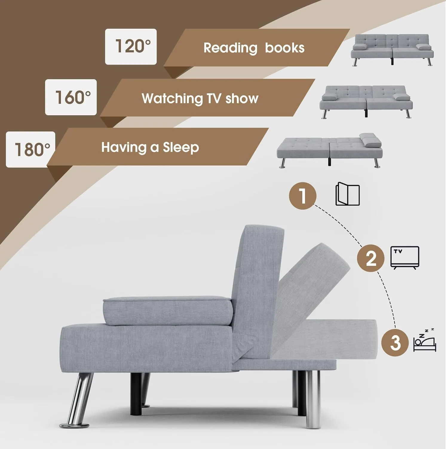 Flamaker Futon Sofa Bed Modern Folding Futon Set Linen Fabric Convertible Recliner Lounge for Living Room with 2 Cup Holders, Removable Armrests (Fabric, Light Grey)