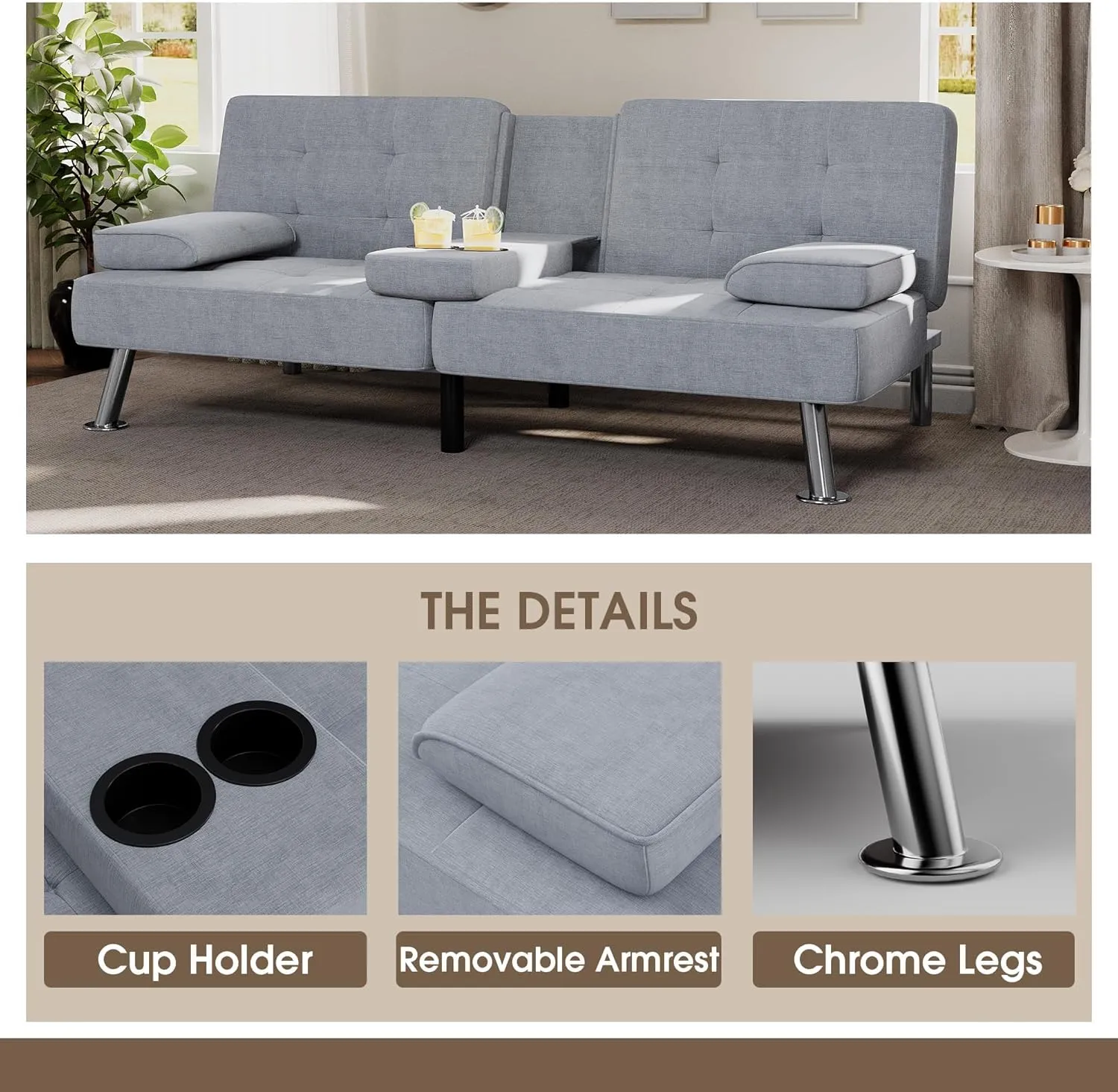 Flamaker Futon Sofa Bed Modern Folding Futon Set Linen Fabric Convertible Recliner Lounge for Living Room with 2 Cup Holders, Removable Armrests (Fabric, Light Grey)