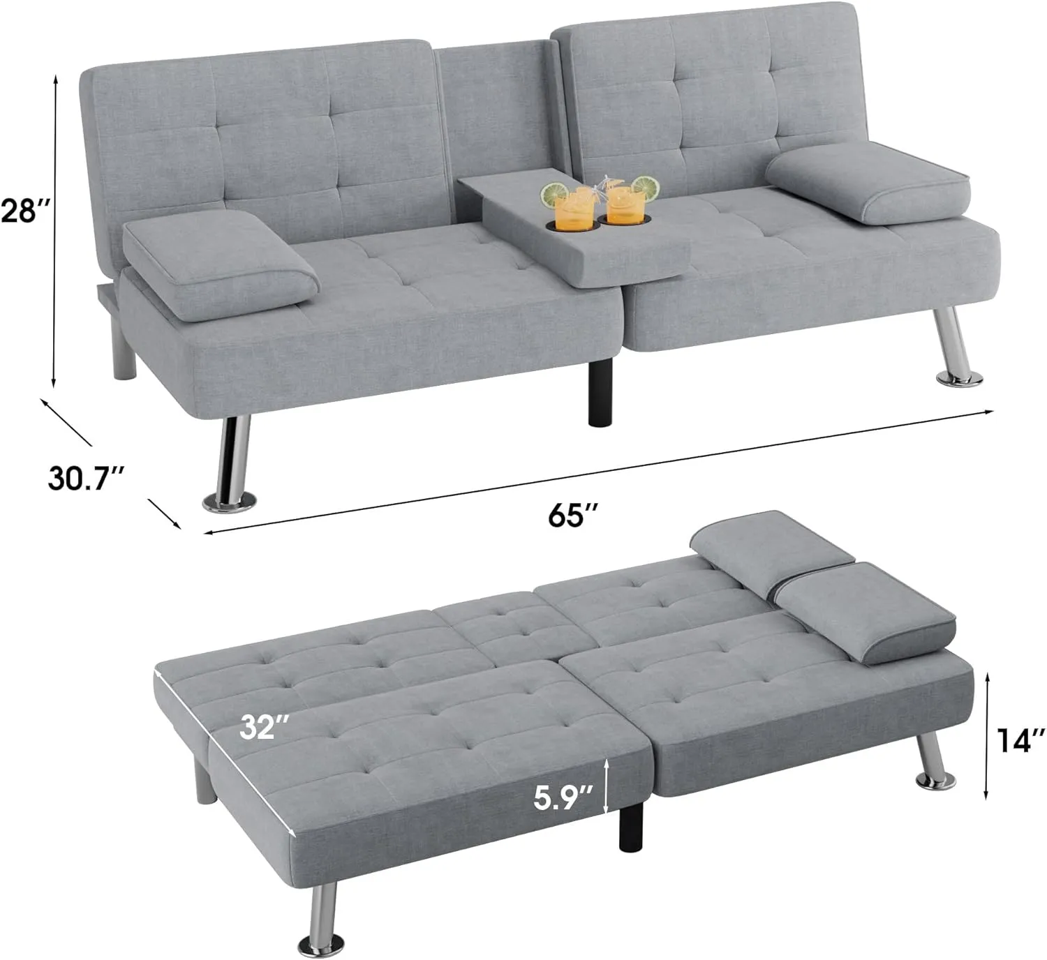 Flamaker Futon Sofa Bed Modern Folding Futon Set Linen Fabric Convertible Recliner Lounge for Living Room with 2 Cup Holders, Removable Armrests (Fabric, Light Grey)
