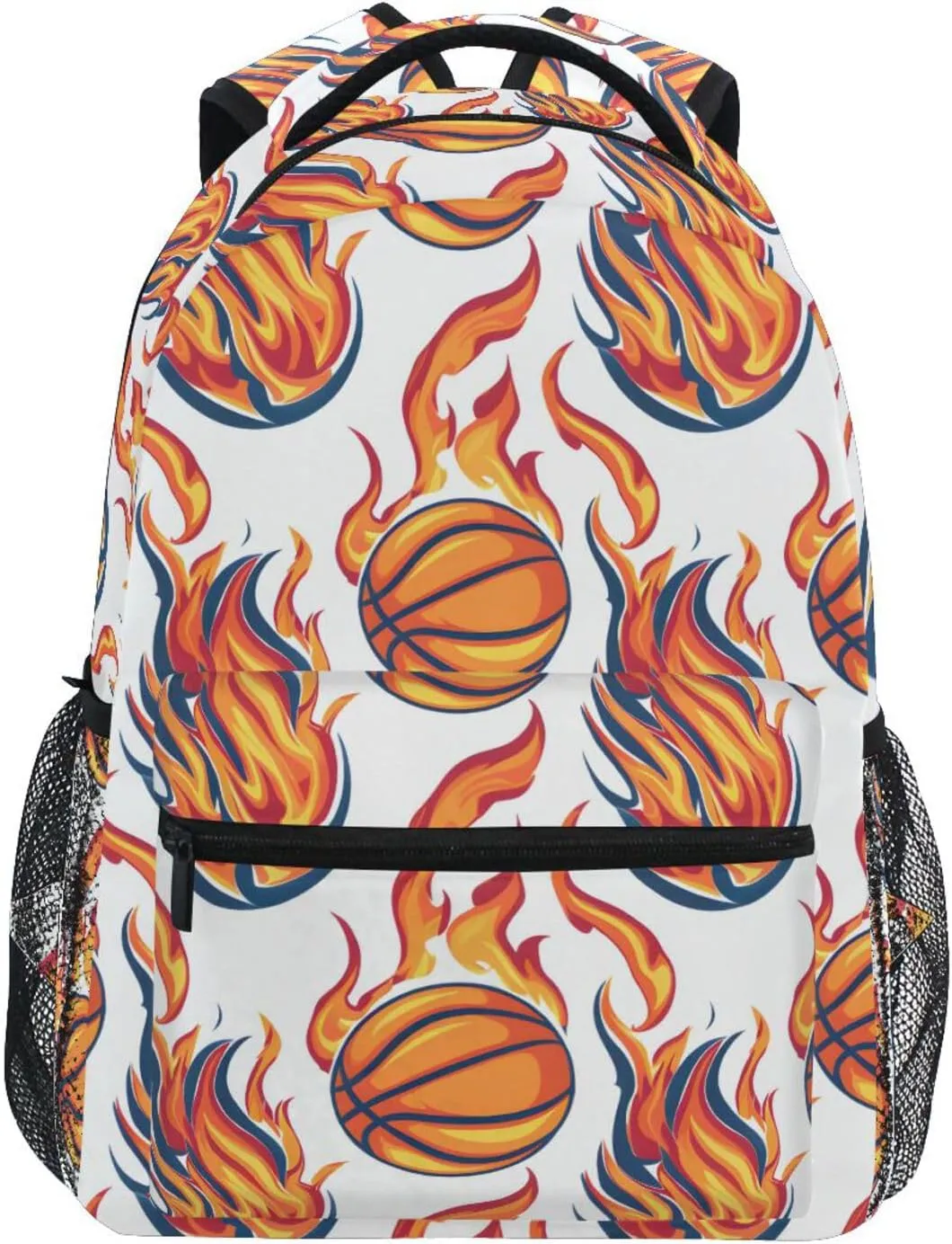Flaming Basketballs White Pattern Backpack 3rd 4th 5th Grade School Bookbag Travel Laptop Daypack Bag Purse for Boys Girls Teens