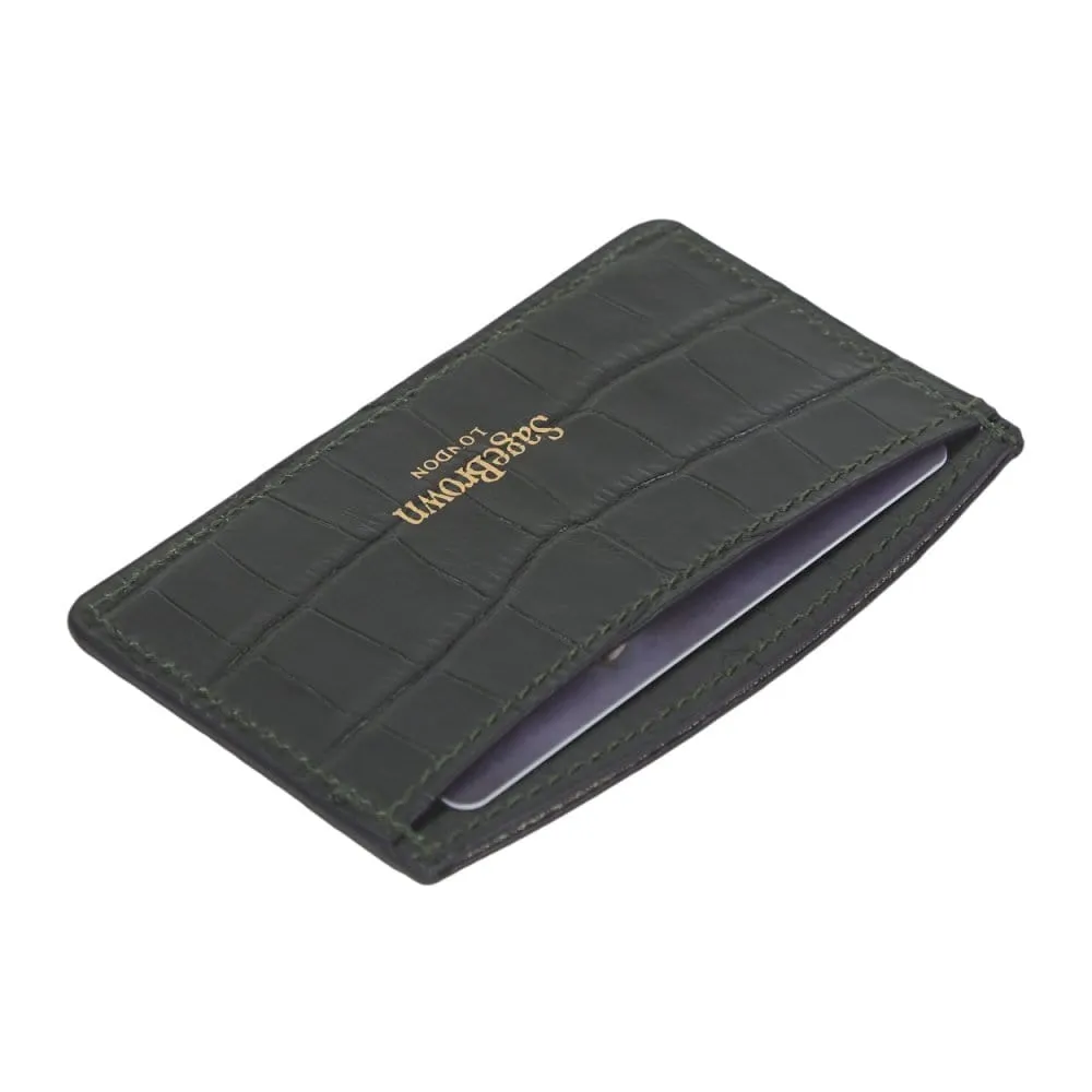 Flat Leather Card Case, RFID Blocking - Green Croc-Effect