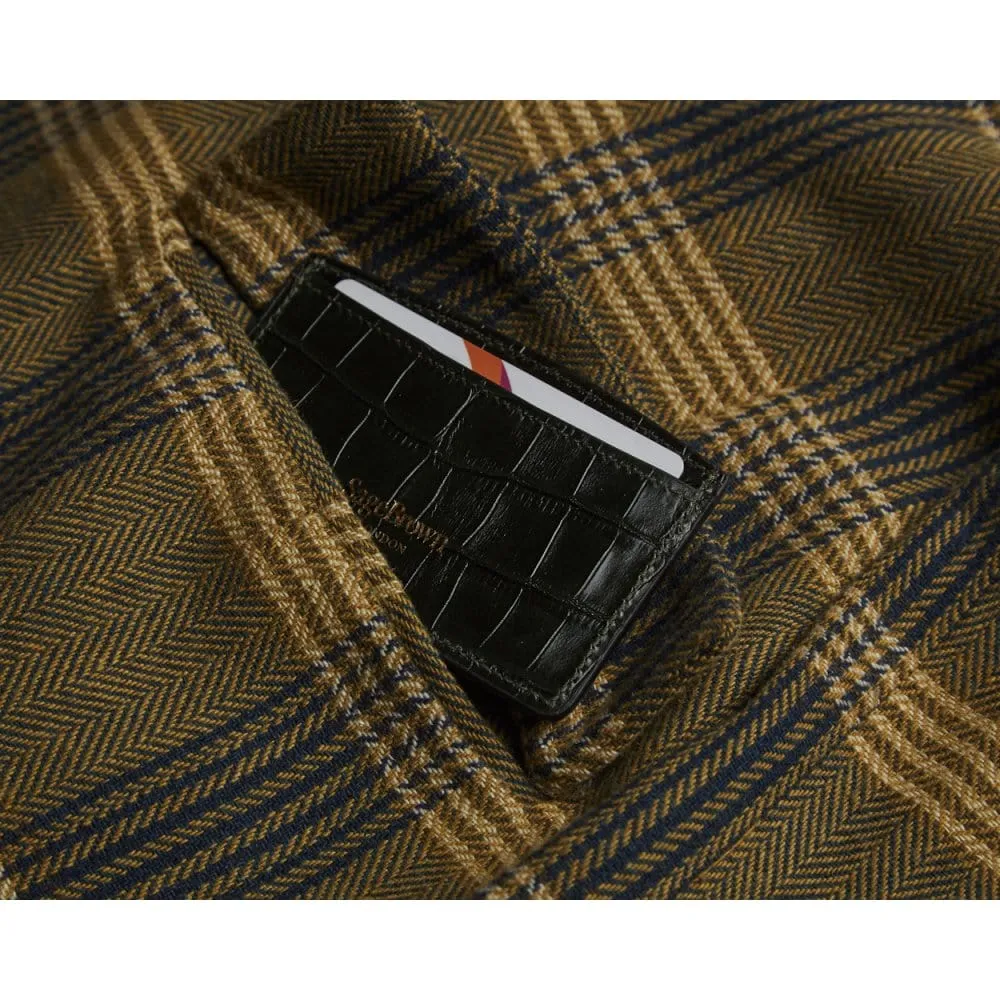 Flat Leather Card Case, RFID Blocking - Green Croc-Effect