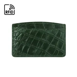Flat Leather Card Case, RFID Blocking - Green Croc-Effect