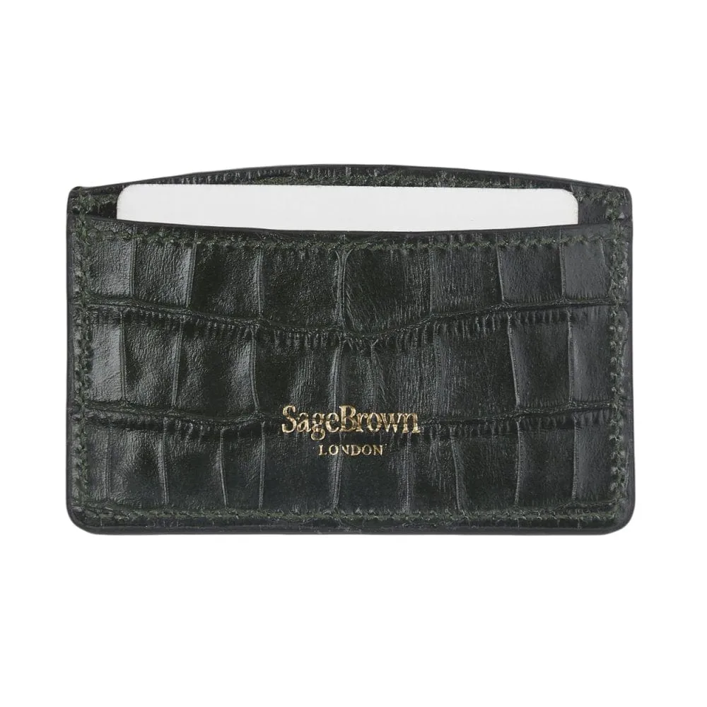 Flat Leather Card Case, RFID Blocking - Green Croc-Effect