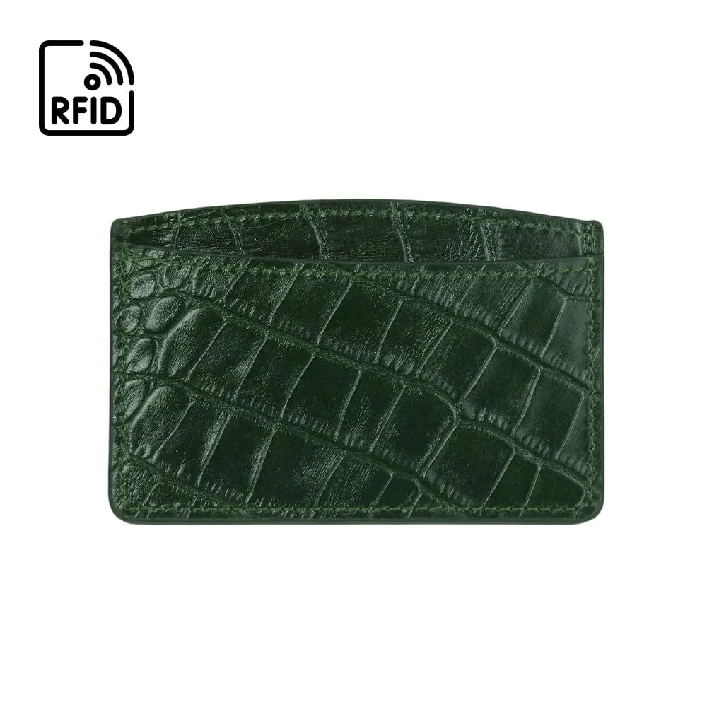 Flat Leather Card Case, RFID Blocking - Green Croc-Effect