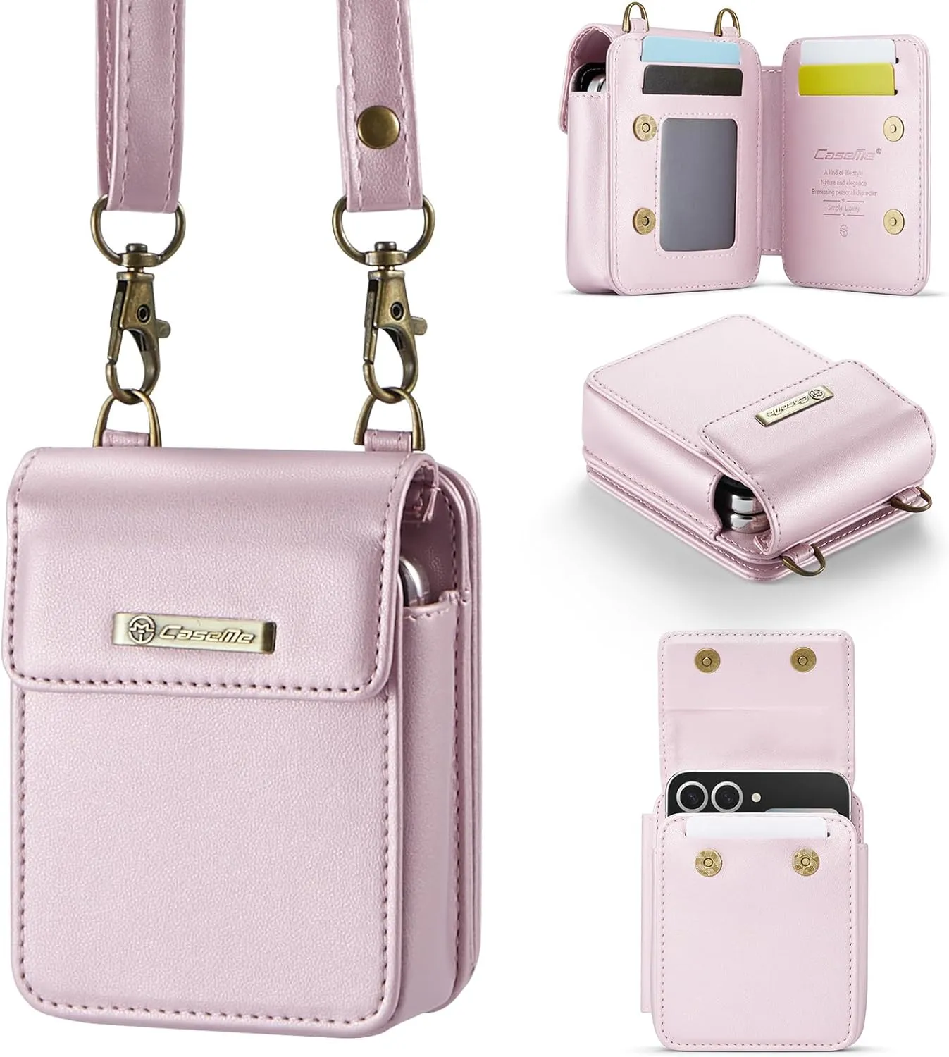 Flip Wallet Bag with 5 Card Slots Cash Solt Zipper Pocket, RFID Blocking Hand and Crossbody Shoulder Strap.Pink