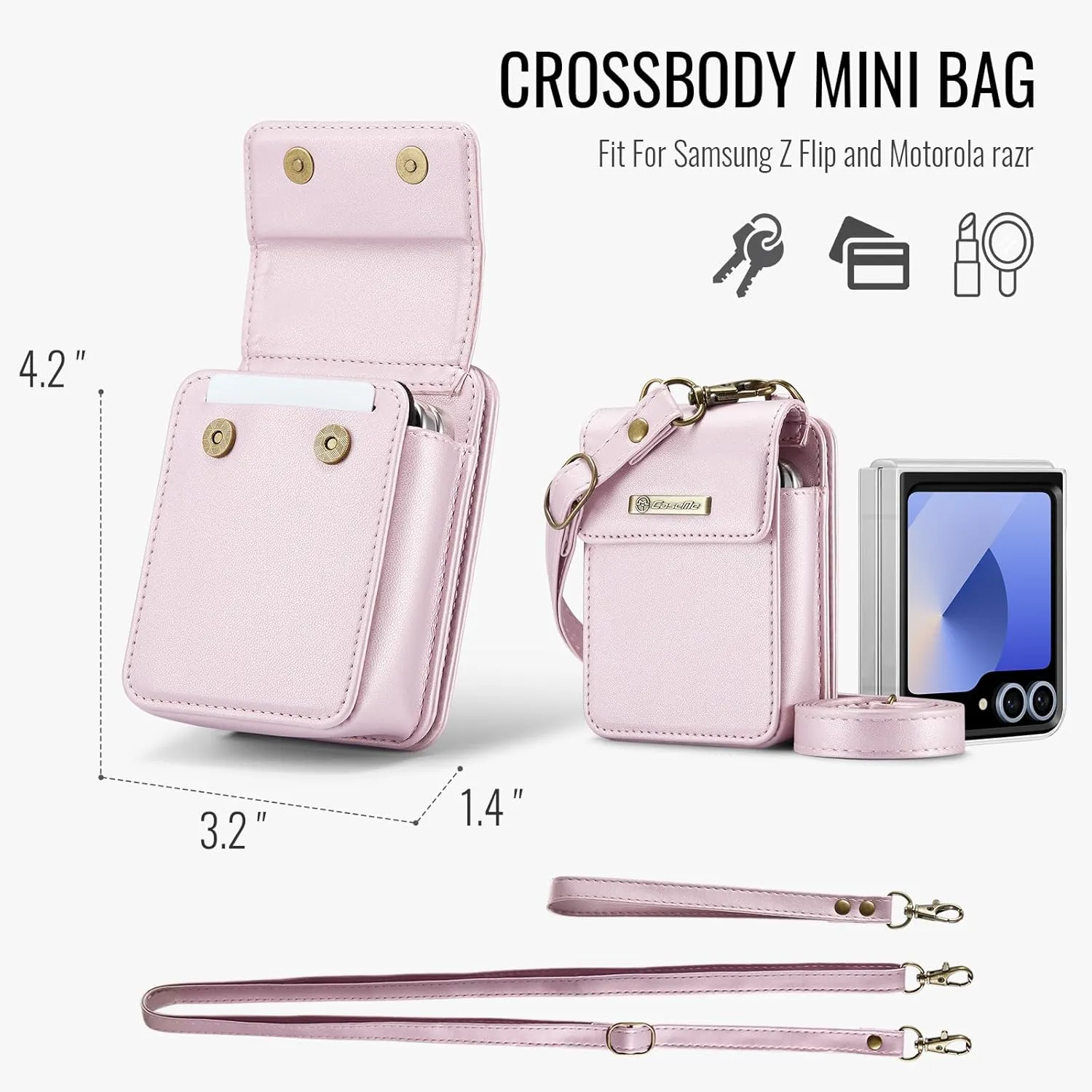 Flip Wallet Bag with 5 Card Slots Cash Solt Zipper Pocket, RFID Blocking Hand and Crossbody Shoulder Strap.Pink