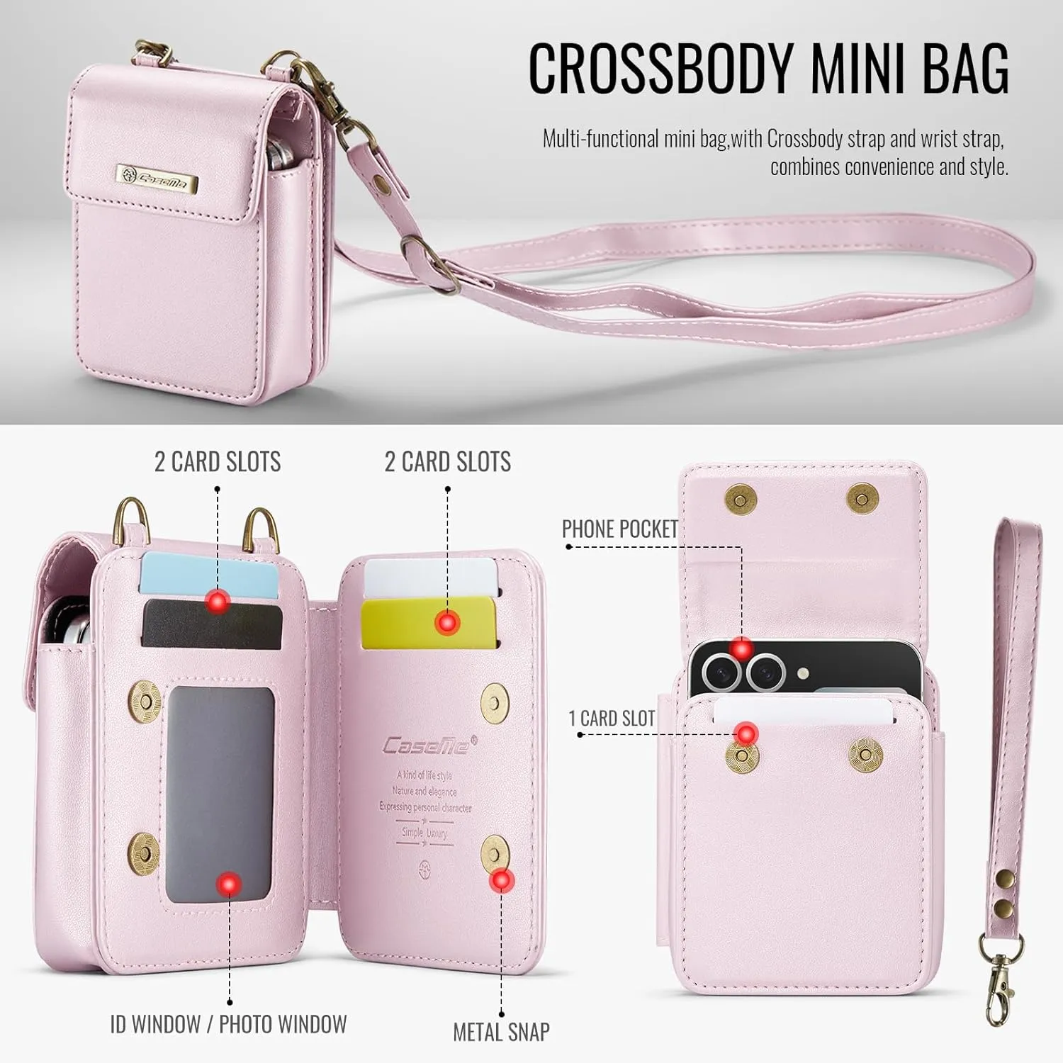 Flip Wallet Bag with 5 Card Slots Cash Solt Zipper Pocket, RFID Blocking Hand and Crossbody Shoulder Strap.Pink