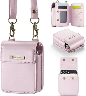 Flip Wallet Bag with 5 Card Slots Cash Solt Zipper Pocket, RFID Blocking Hand and Crossbody Shoulder Strap.Pink