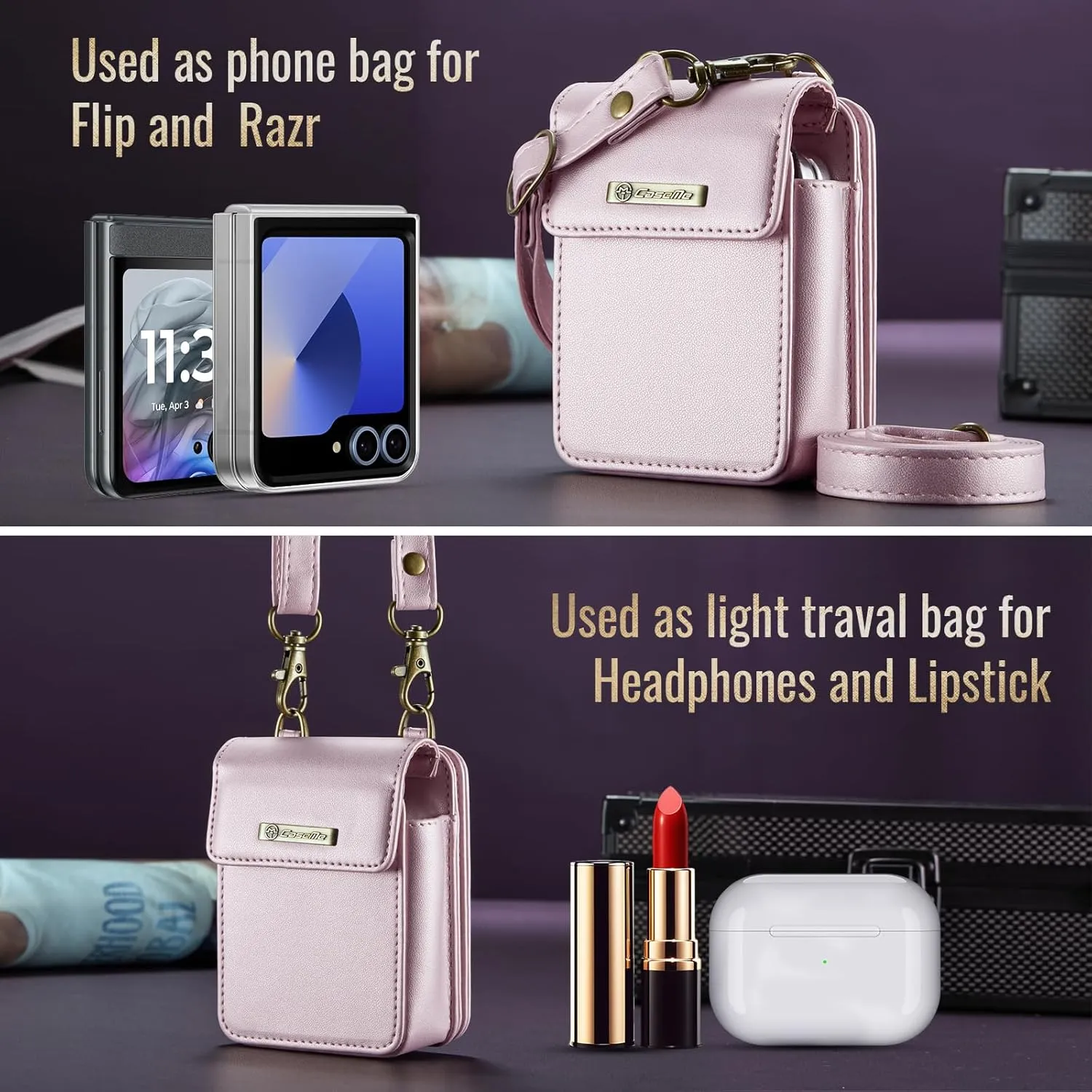 Flip Wallet Bag with 5 Card Slots Cash Solt Zipper Pocket, RFID Blocking Hand and Crossbody Shoulder Strap.Pink