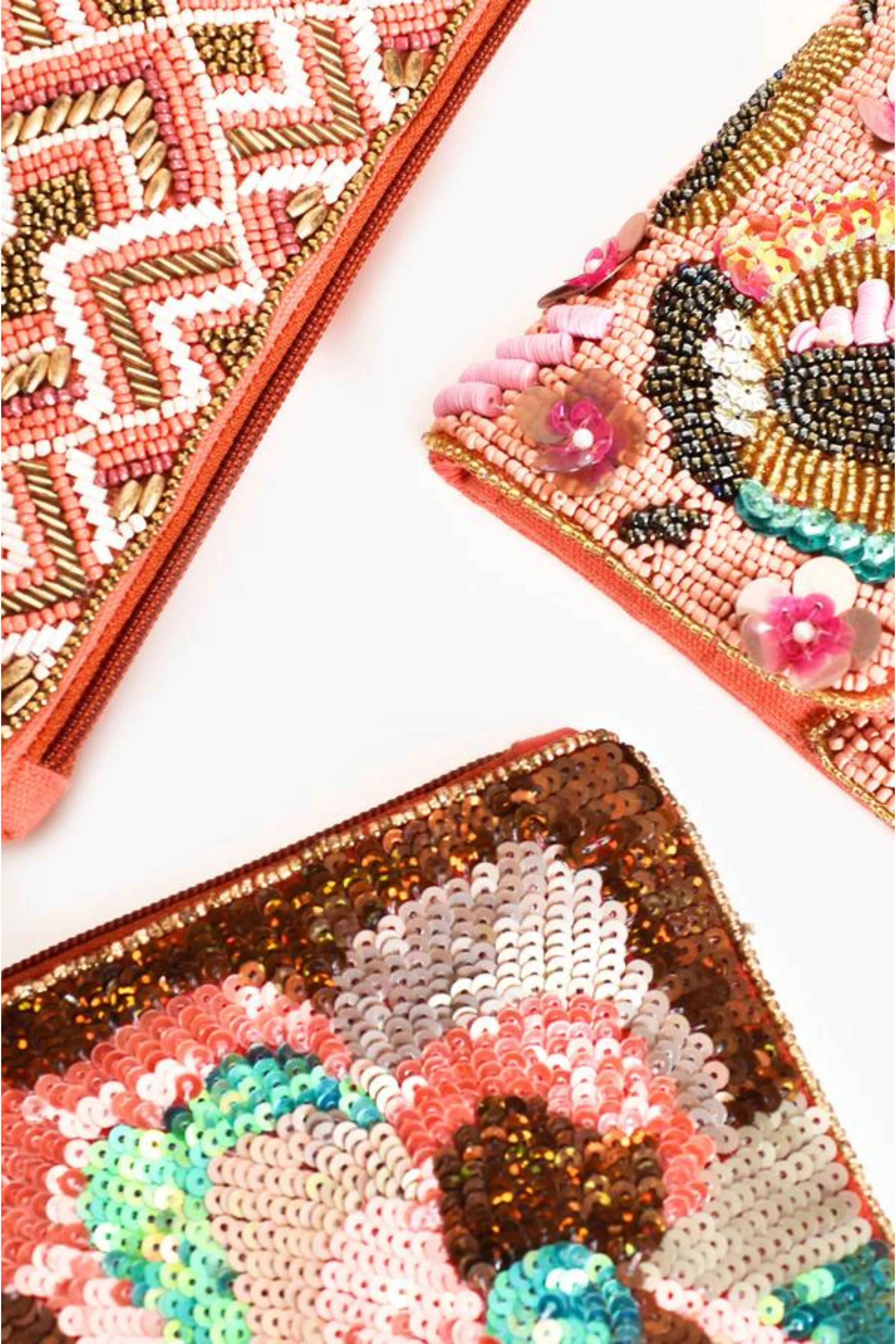 Floral Sequin Bead Small Zip Top Clutch - Coral Multi