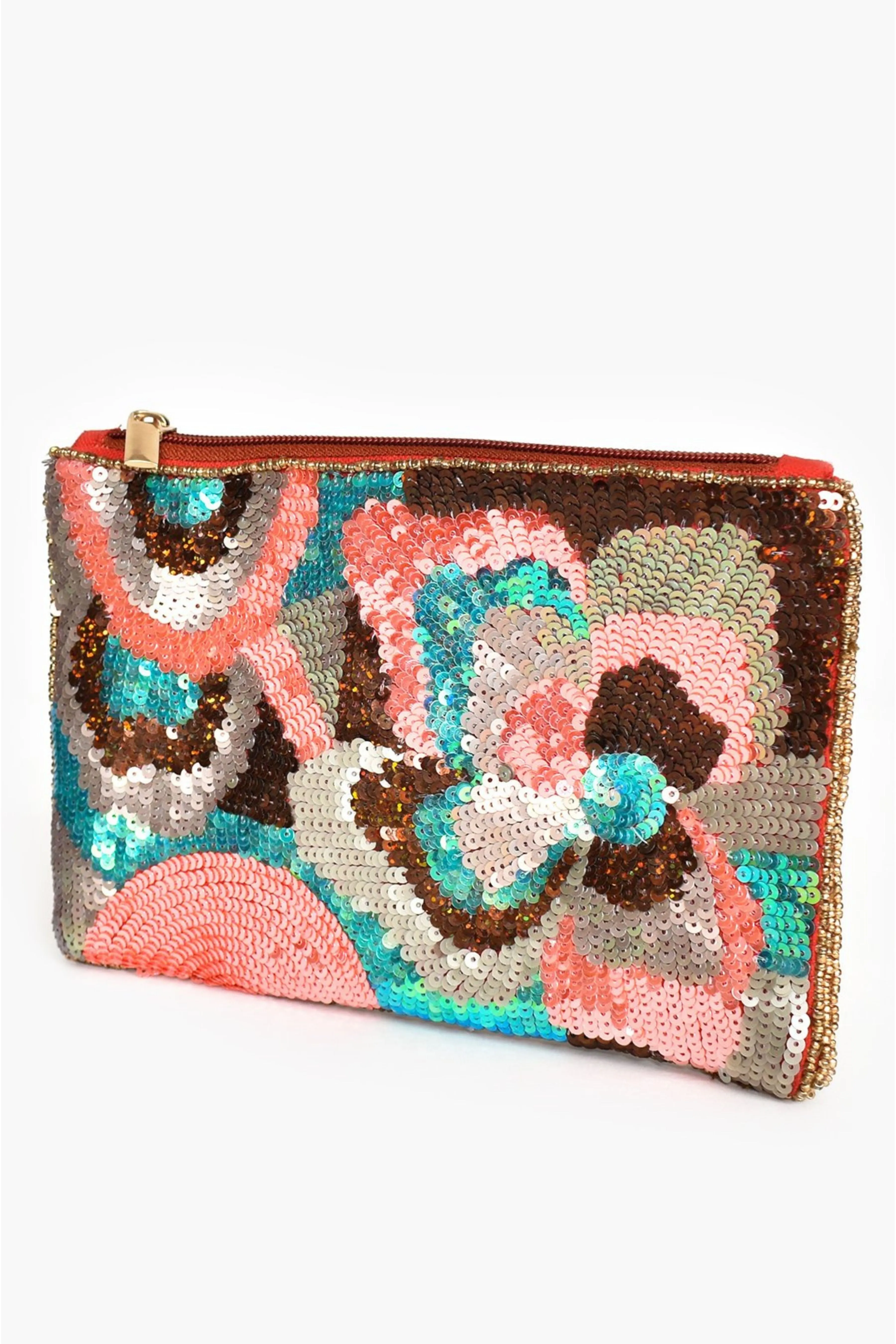 Floral Sequin Bead Small Zip Top Clutch - Coral Multi